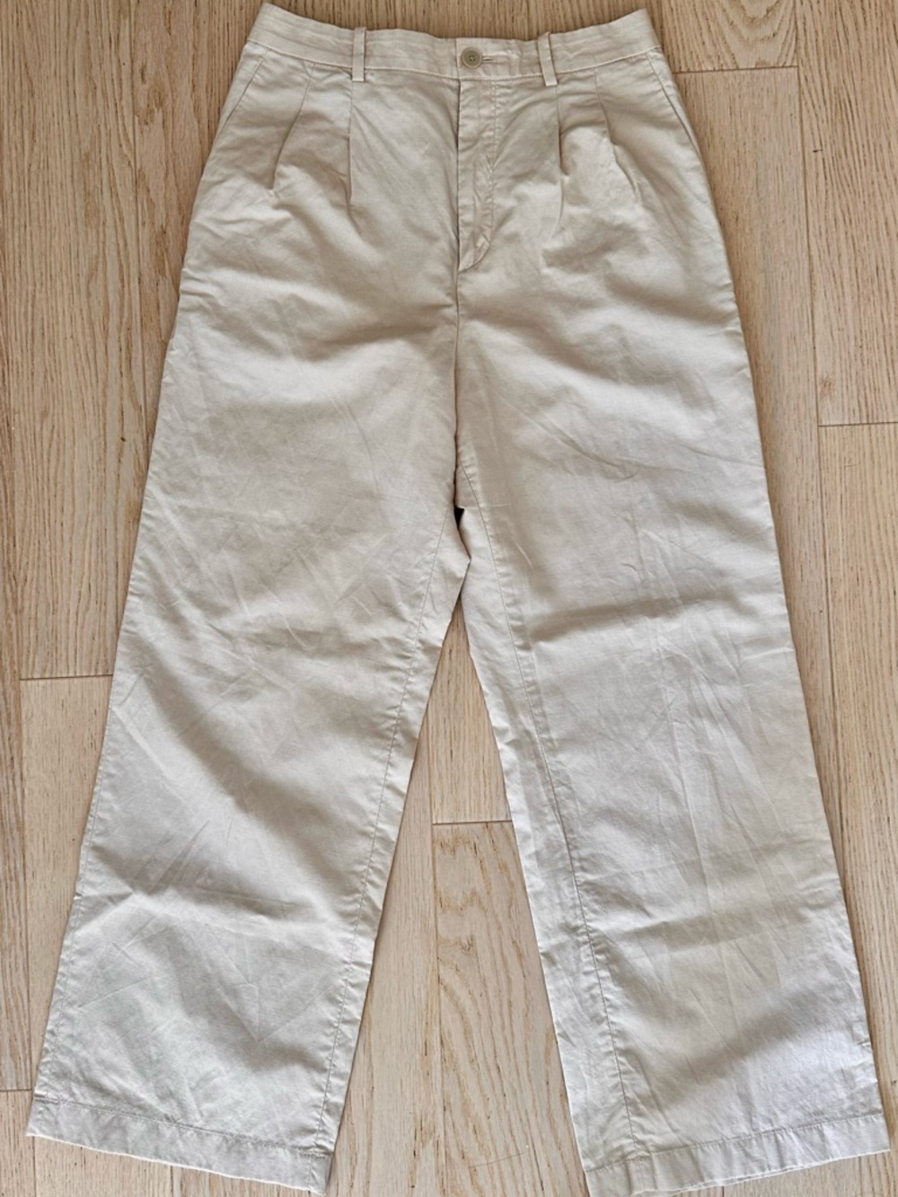 Uniqlo Cream Pleated Front Linen Blend Wide Leg Trousers